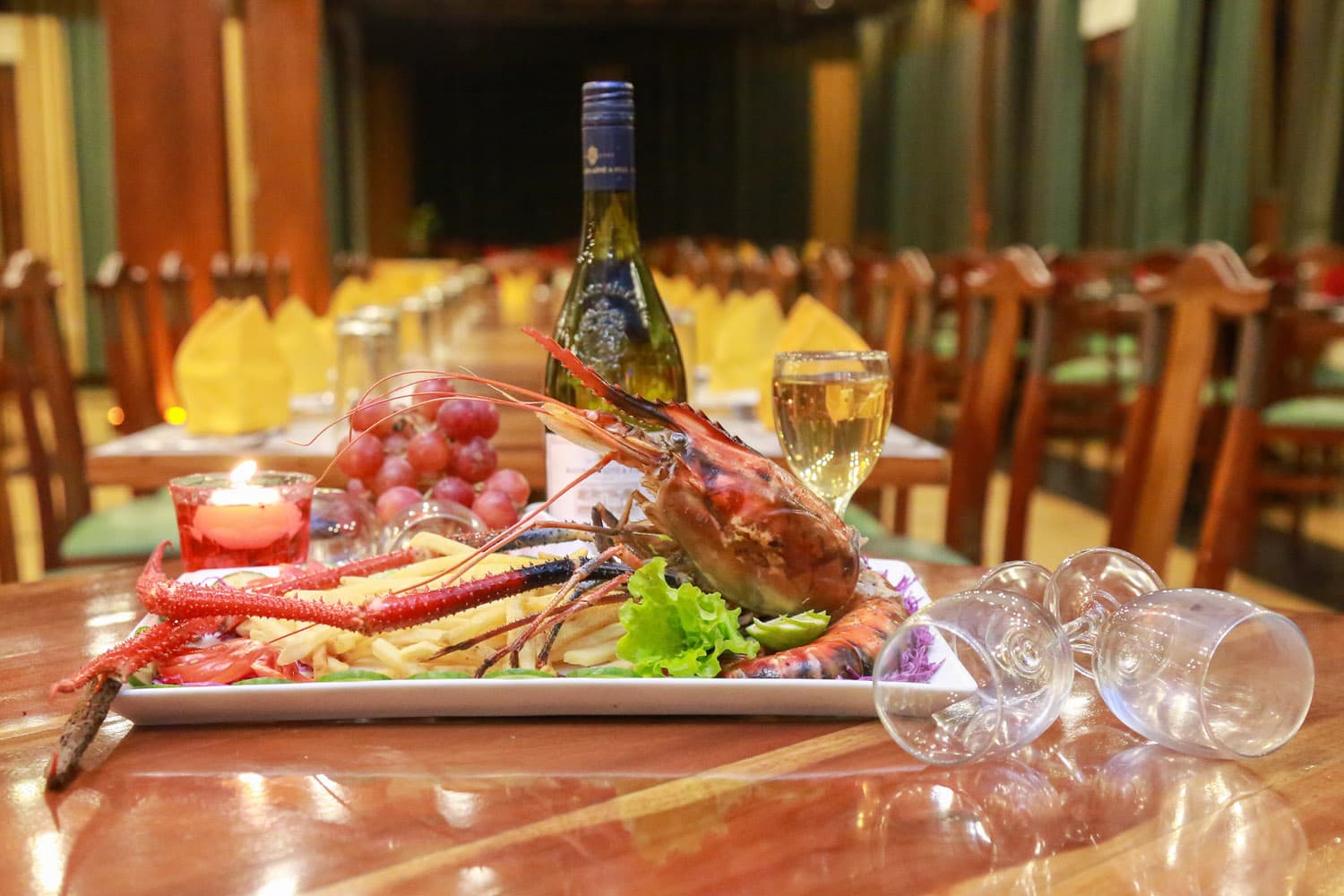 Seafood feast with wine in the restaurant